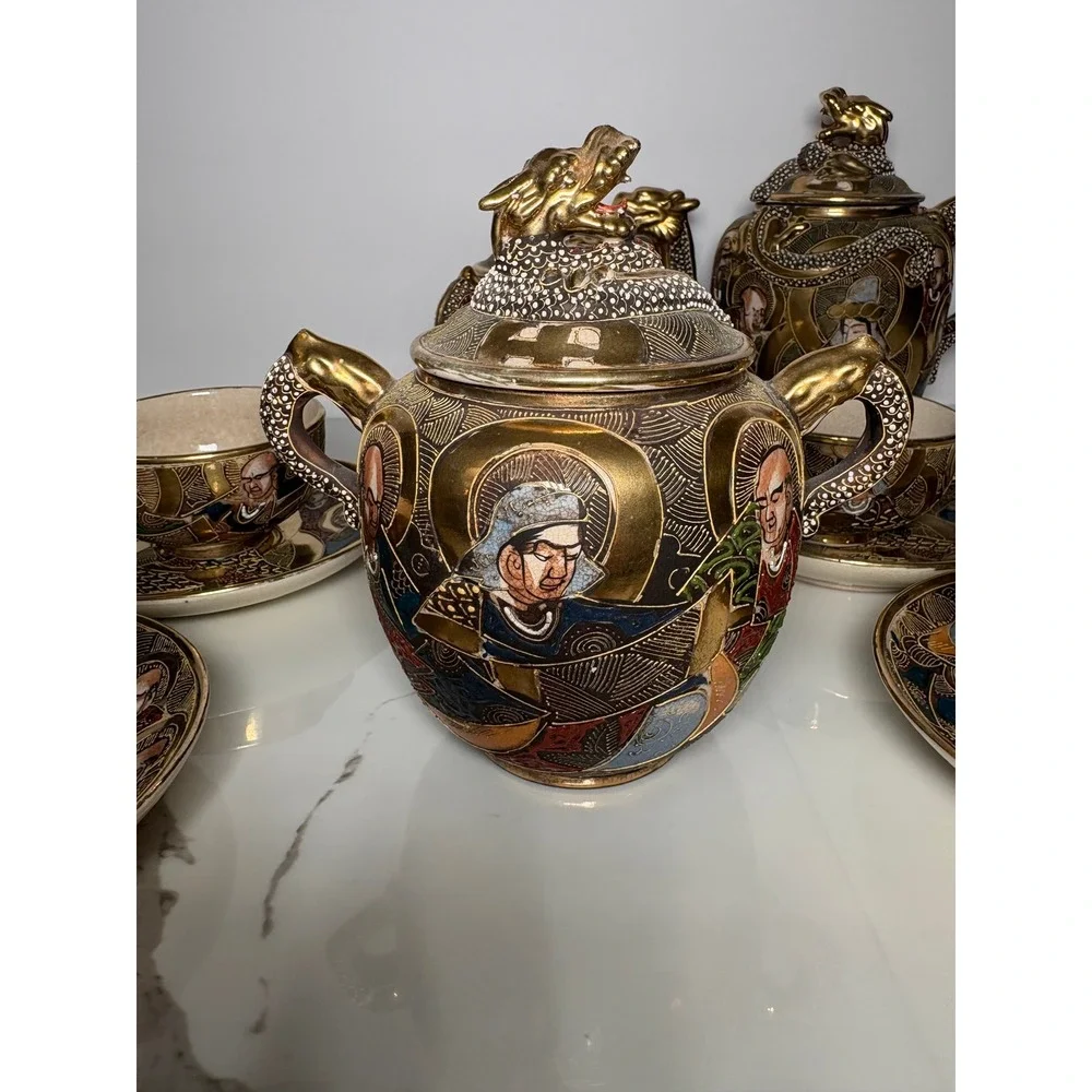 Vintage Japanese Satsuma Moriage‎ Dragon Tea Set Hand Painted Gold Gilt 11pc